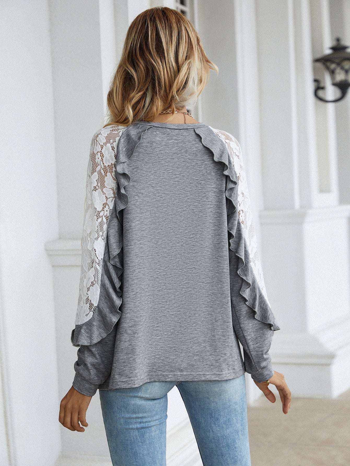 New loose lace stitching long-sleeved round neck solid color pullover t-shirt Sai Feel
