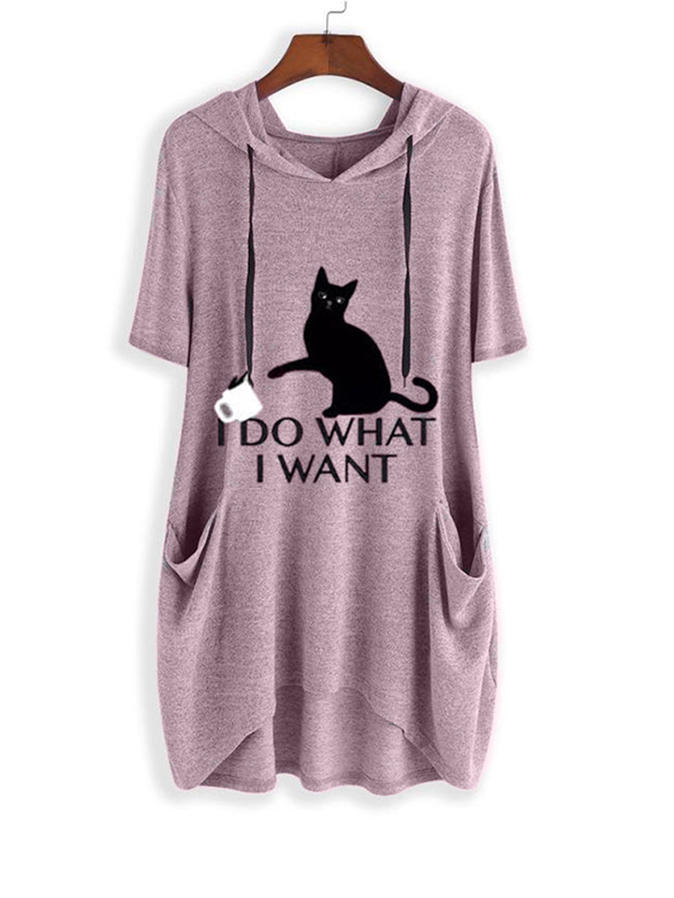 New plus size loose knit hoodie cat print short-sleeved top Sai Feel