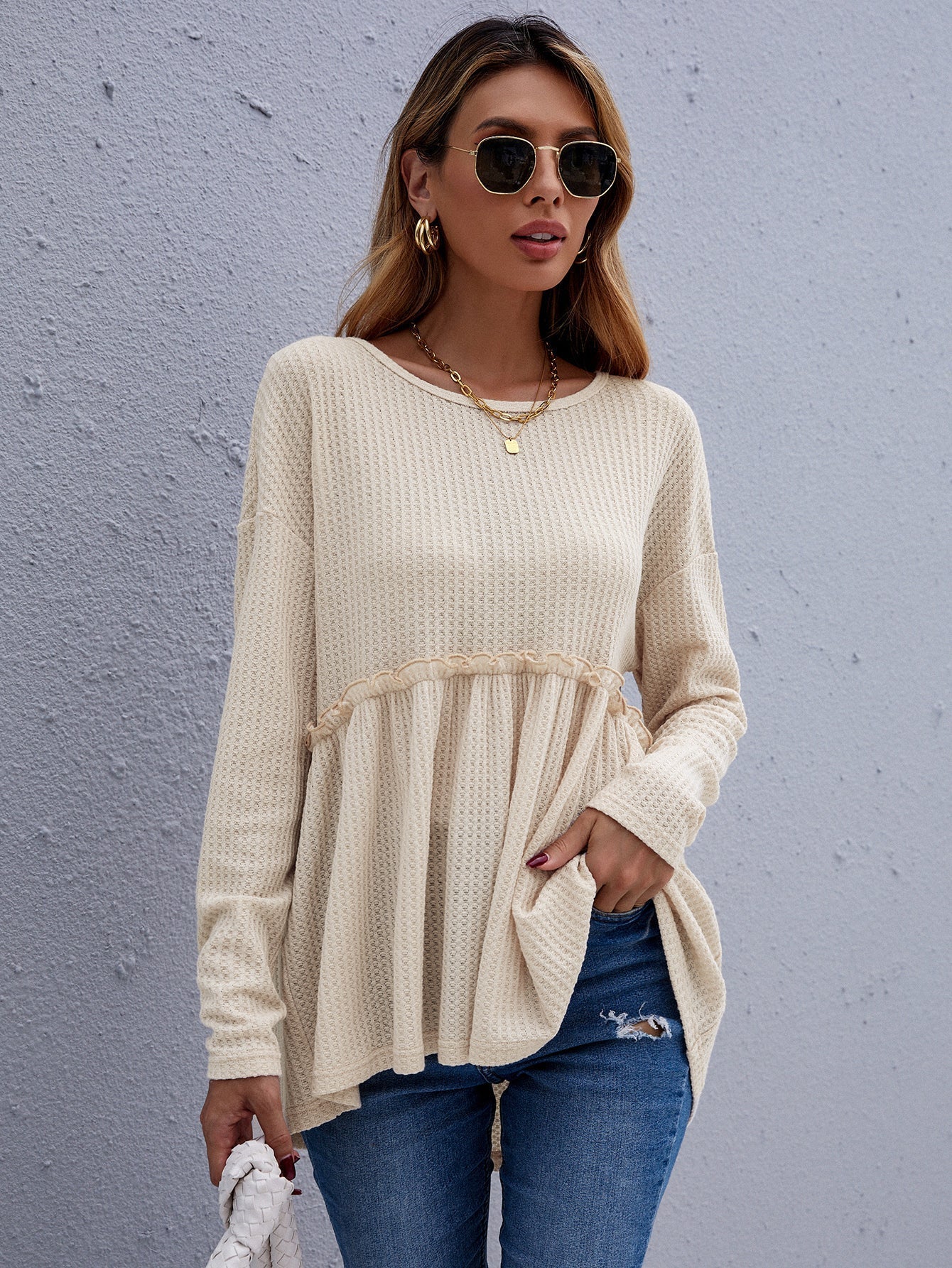 New round neck solid color waffle pleated casual long-sleeved sweater Sai Feel