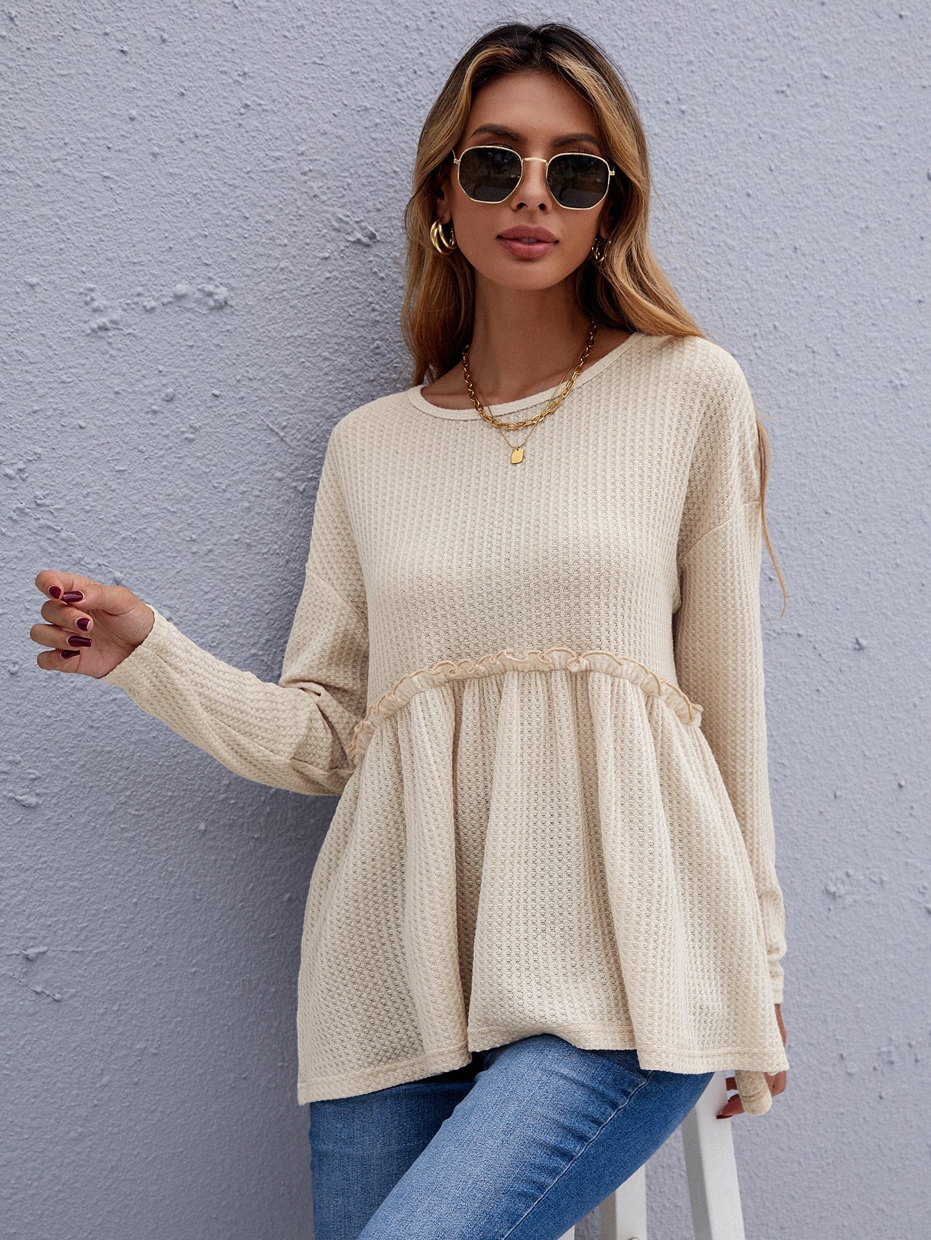 New round neck solid color waffle pleated casual long-sleeved sweater Sai Feel