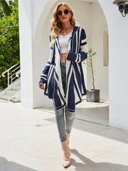 New striped contrast color hooded knitted cardigan long-sleeved sweater coat Sai Feel