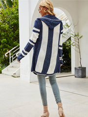 New striped contrast color hooded knitted cardigan long-sleeved sweater coat Sai Feel