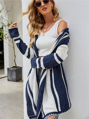 New striped contrast color hooded knitted cardigan long-sleeved sweater coat Sai Feel