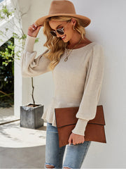 New waist lantern sleeve knit top solid color knitted sweater Sai Feel