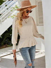 New waist lantern sleeve knit top solid color knitted sweater Sai Feel