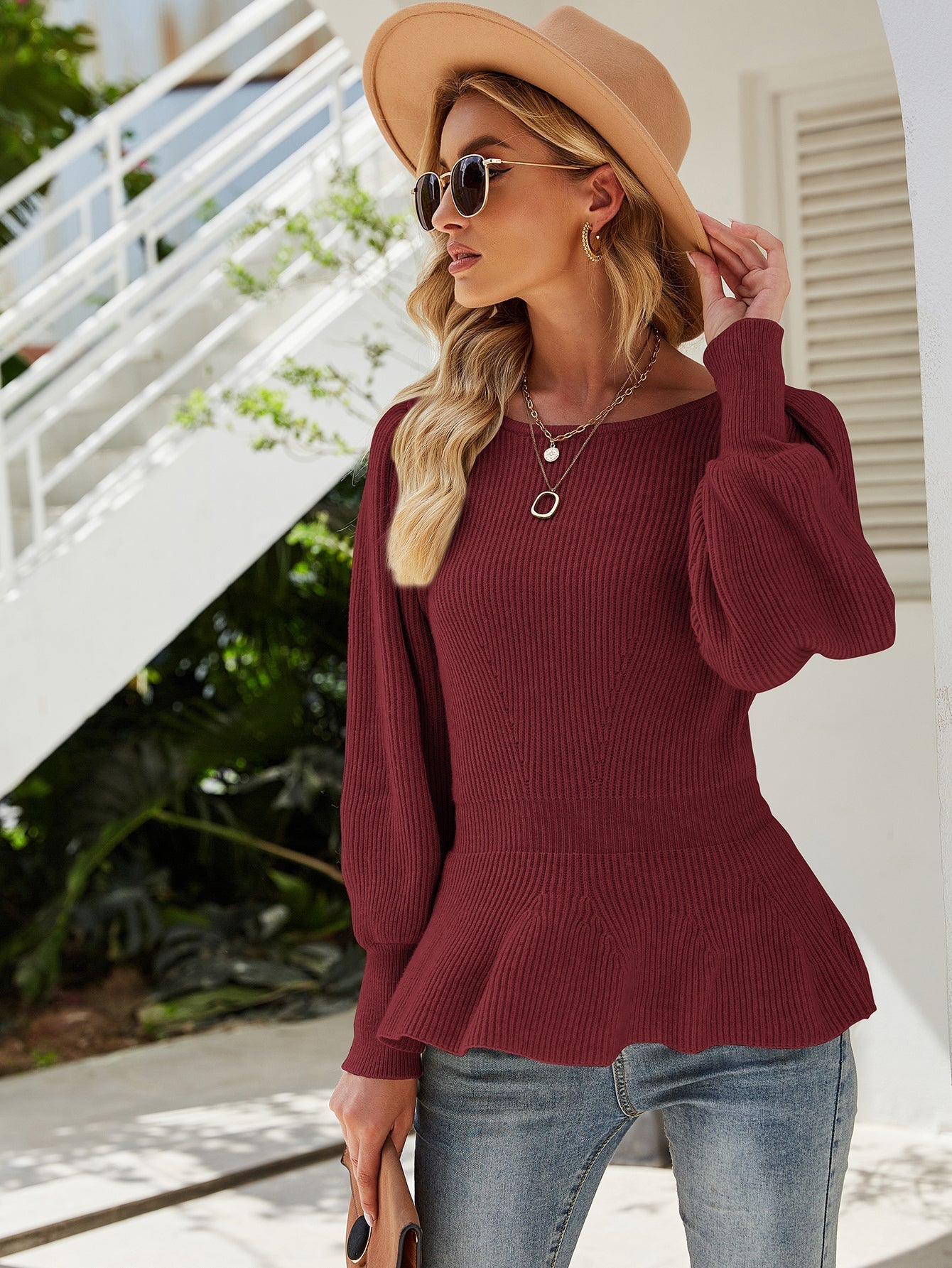 New waist lantern sleeve knit top solid color knitted sweater Sai Feel