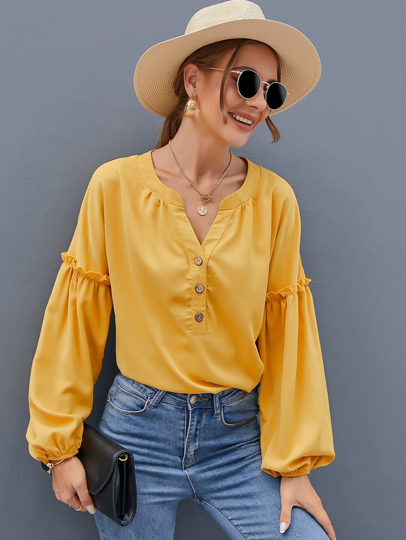 Notched Neck Half Button Bishop Sleeve Blouse Sai Feel