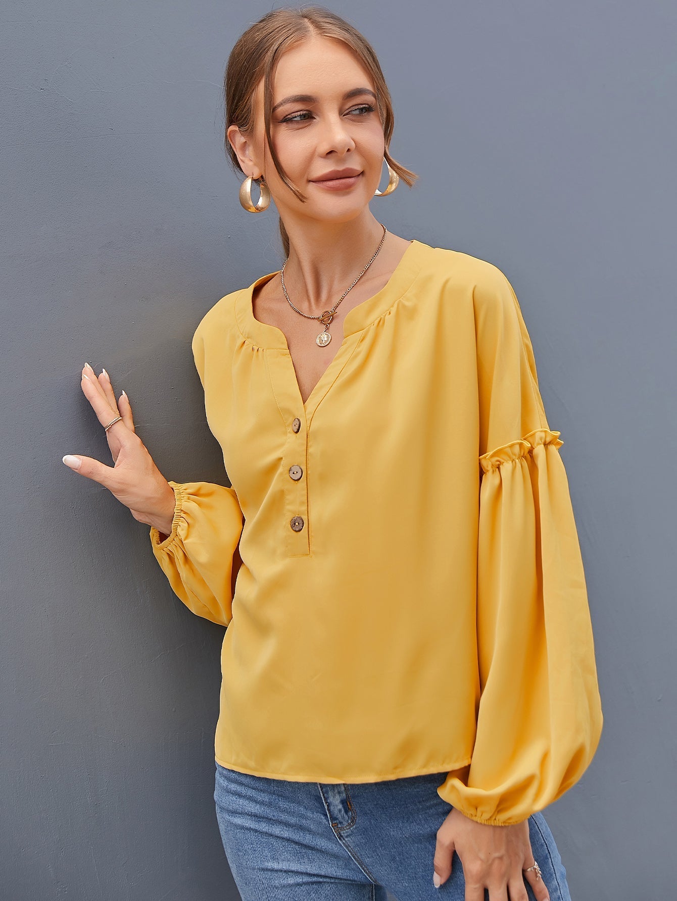 Notched Neck Half Button Bishop Sleeve Blouse Sai Feel