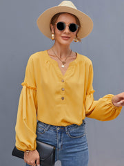 Notched Neck Half Button Bishop Sleeve Blouse Sai Feel