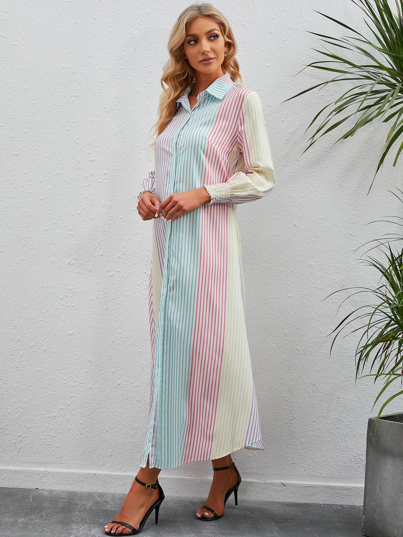 OL Commuter Long sleeve Striped lapel button shirt Dress Sai Feel