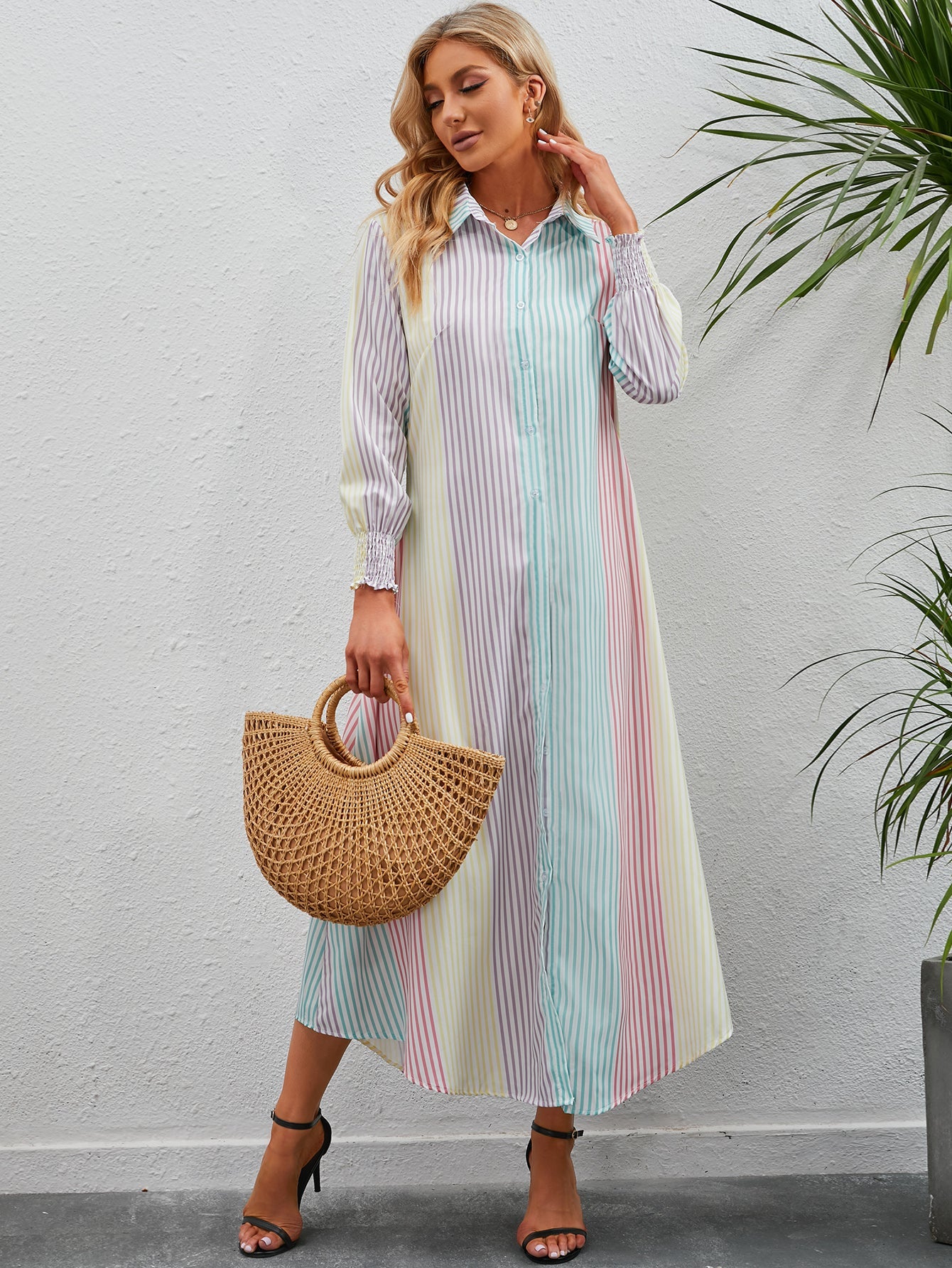 OL Commuter Long sleeve Striped lapel button shirt Dress Sai Feel