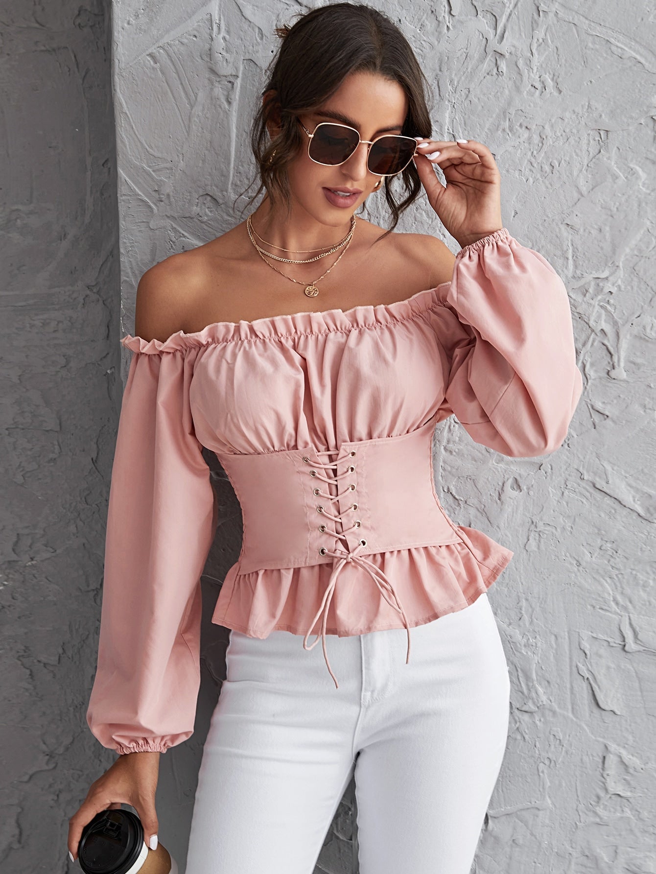 Off Shoulder Lace Up Ruffle Hem Peplum Top Sai Feel