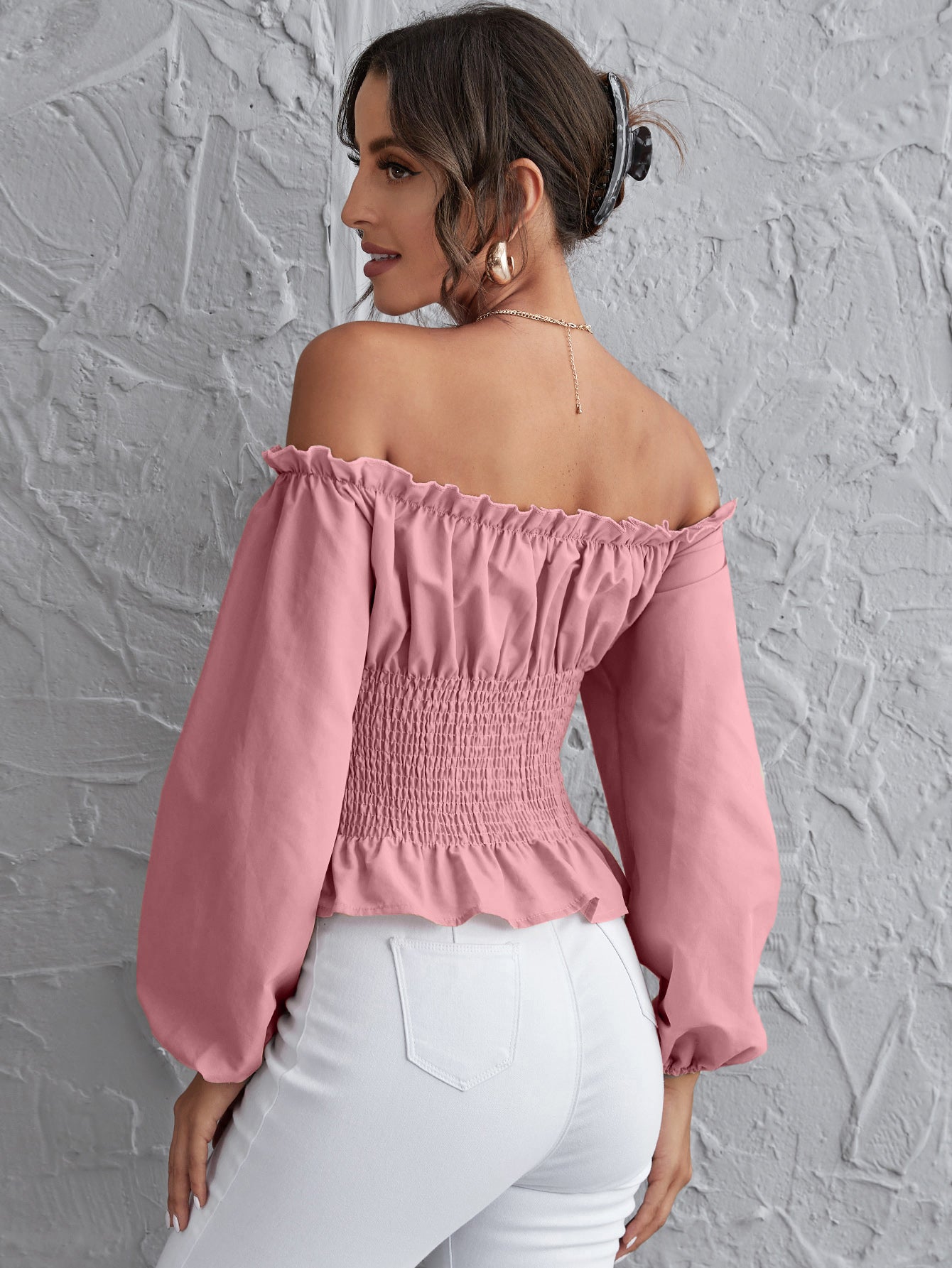 Off Shoulder Lace Up Ruffle Hem Peplum Top Sai Feel