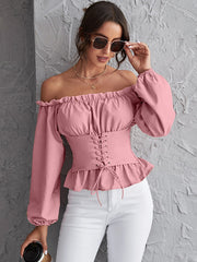 Off Shoulder Lace Up Ruffle Hem Peplum Top Sai Feel