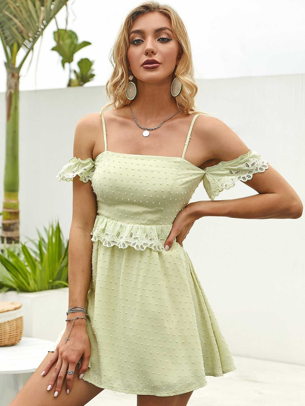 Off Shoulder Ruffle Detail Lace Trim Cami Dress Sai Feel