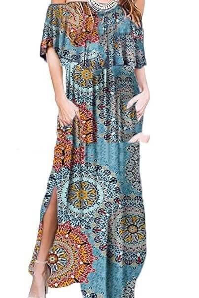 Off-Shoulder Side Split Maxi Dress Sai Feel