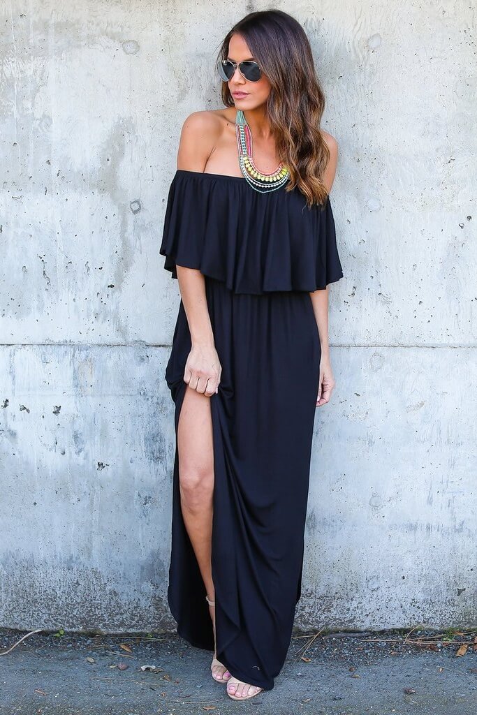 Off-Shoulder Side Split Maxi Dress Sai Feel