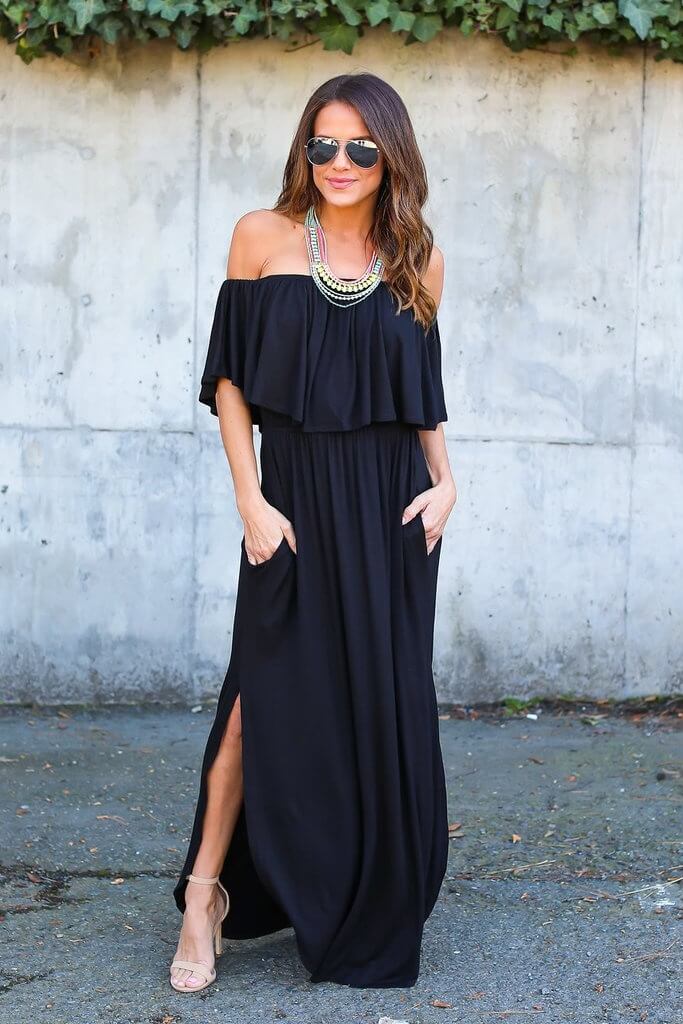 Off-Shoulder Side Split Maxi Dress Sai Feel