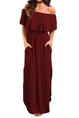 Off-Shoulder Side Split Maxi Dress Sai Feel