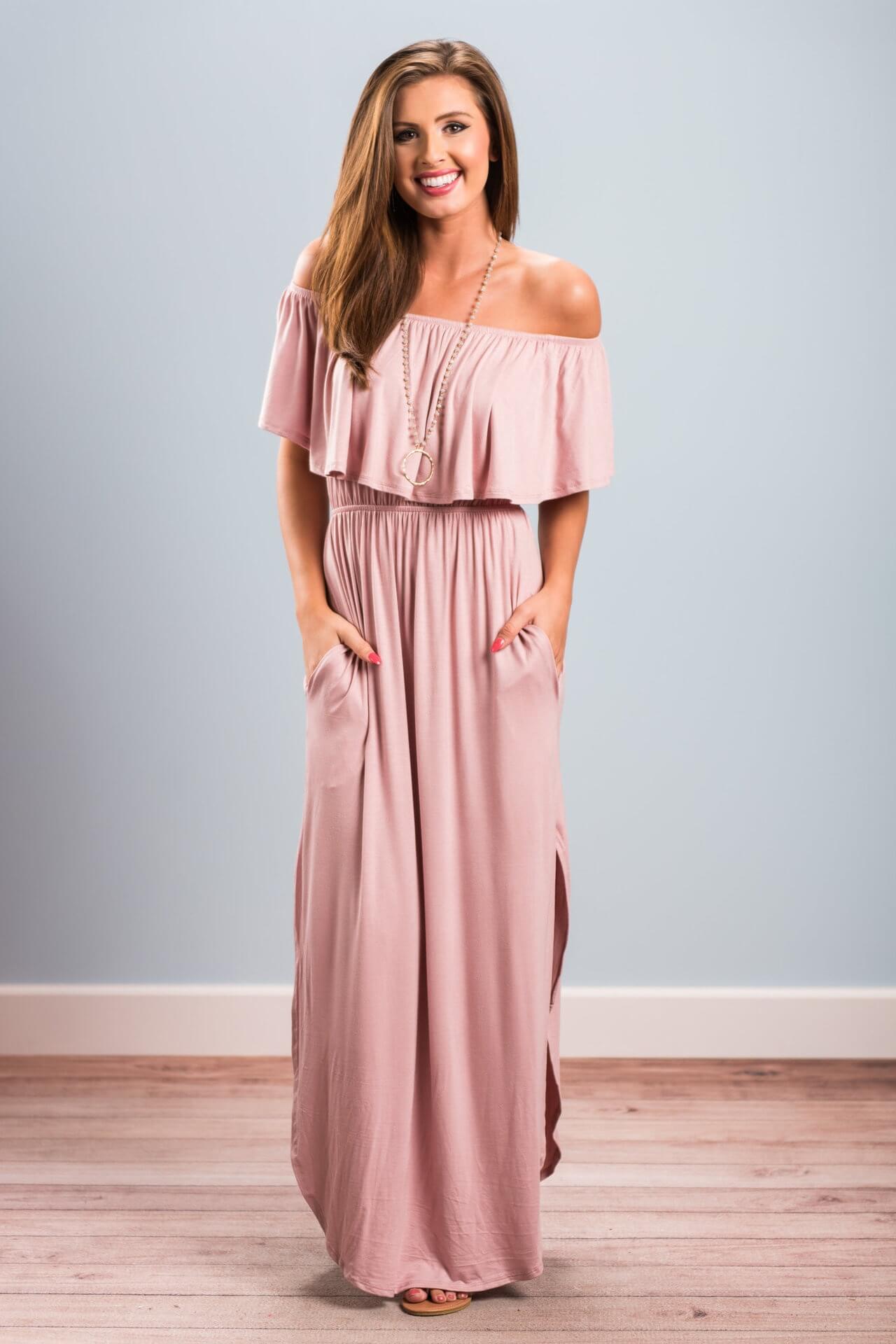 Off-Shoulder Side Split Maxi Dress Sai Feel