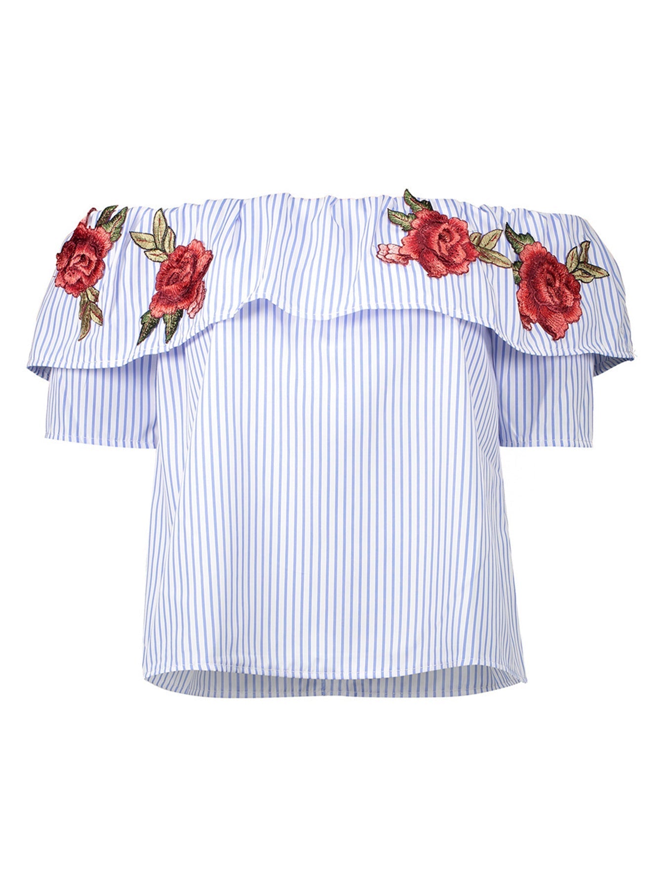 Off shoulder embroidered rose STRIPE T-shirt Sai Feel