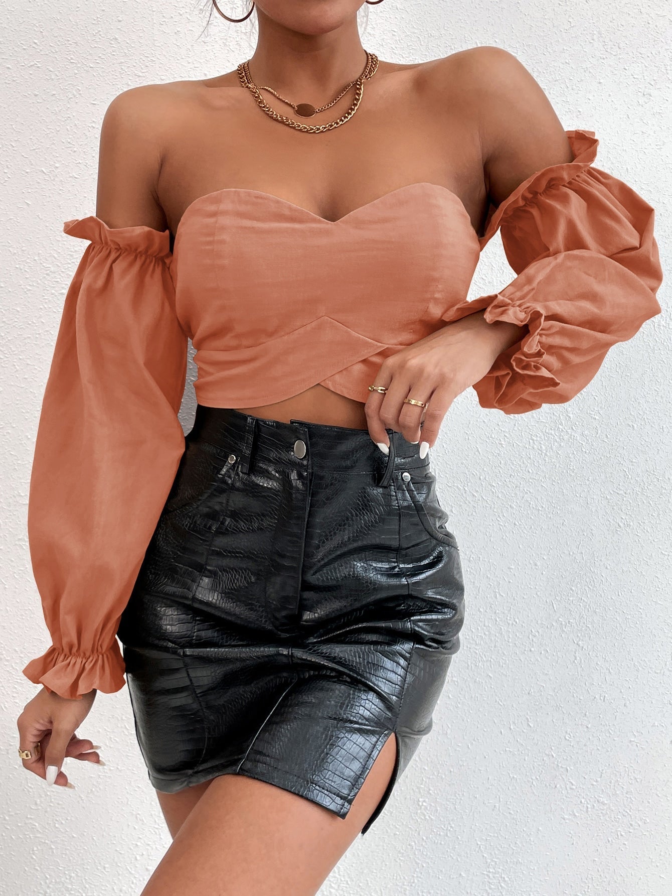 Off-the-Shoulder Peasant Sleeve Self-Tie Crop Top Sai Feel