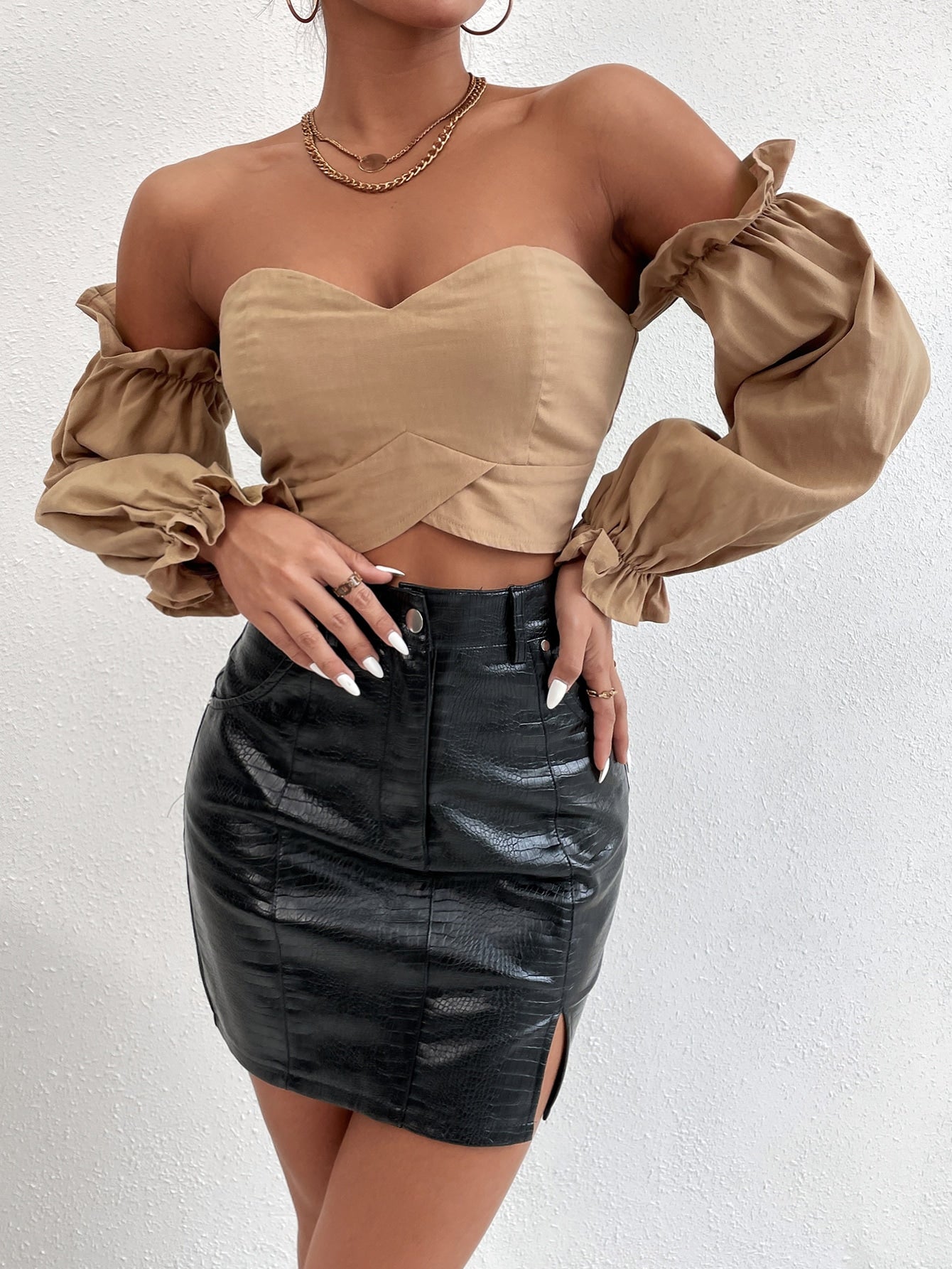 Off-the-Shoulder Peasant Sleeve Self-Tie Crop Top Sai Feel