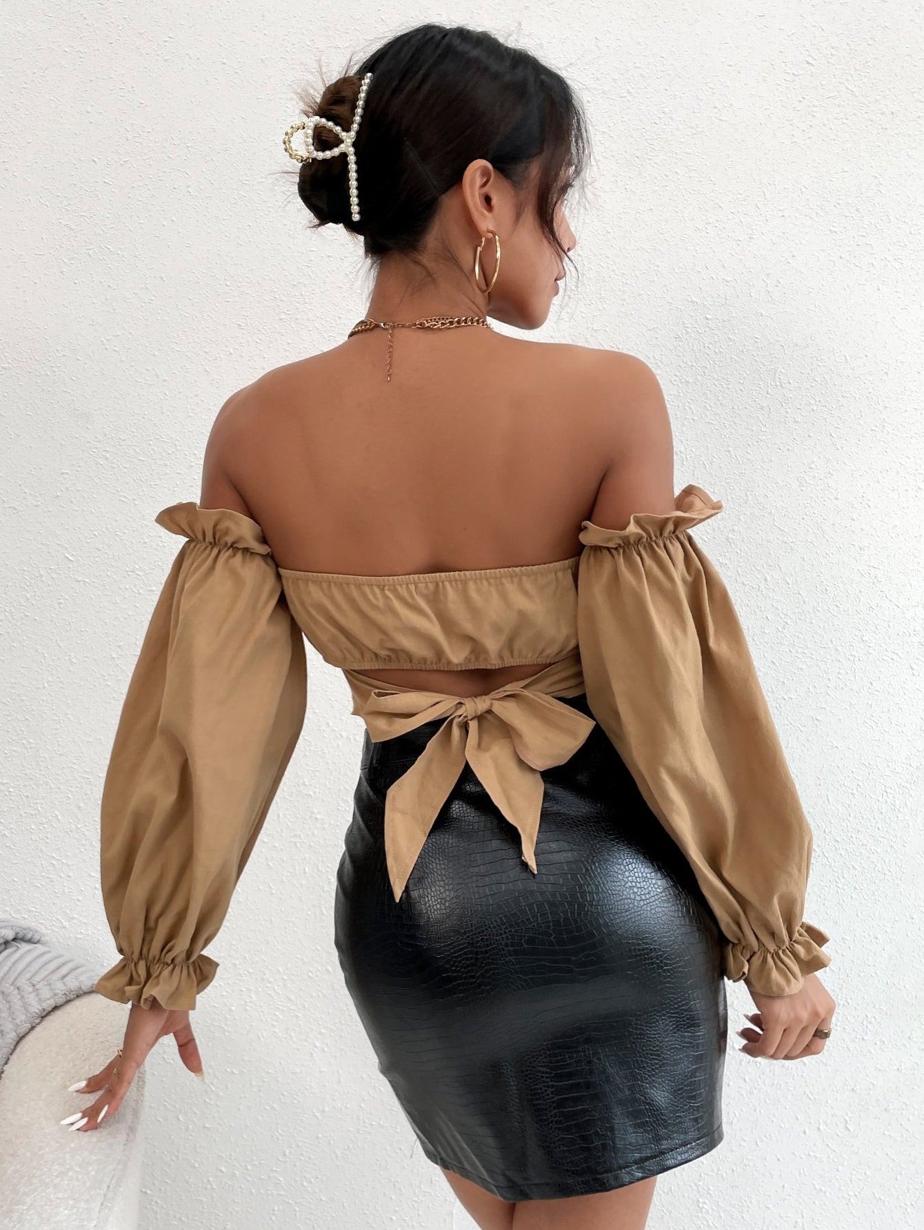 Off-the-Shoulder Peasant Sleeve Self-Tie Crop Top Sai Feel