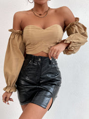 Off-the-Shoulder Peasant Sleeve Self-Tie Crop Top Sai Feel