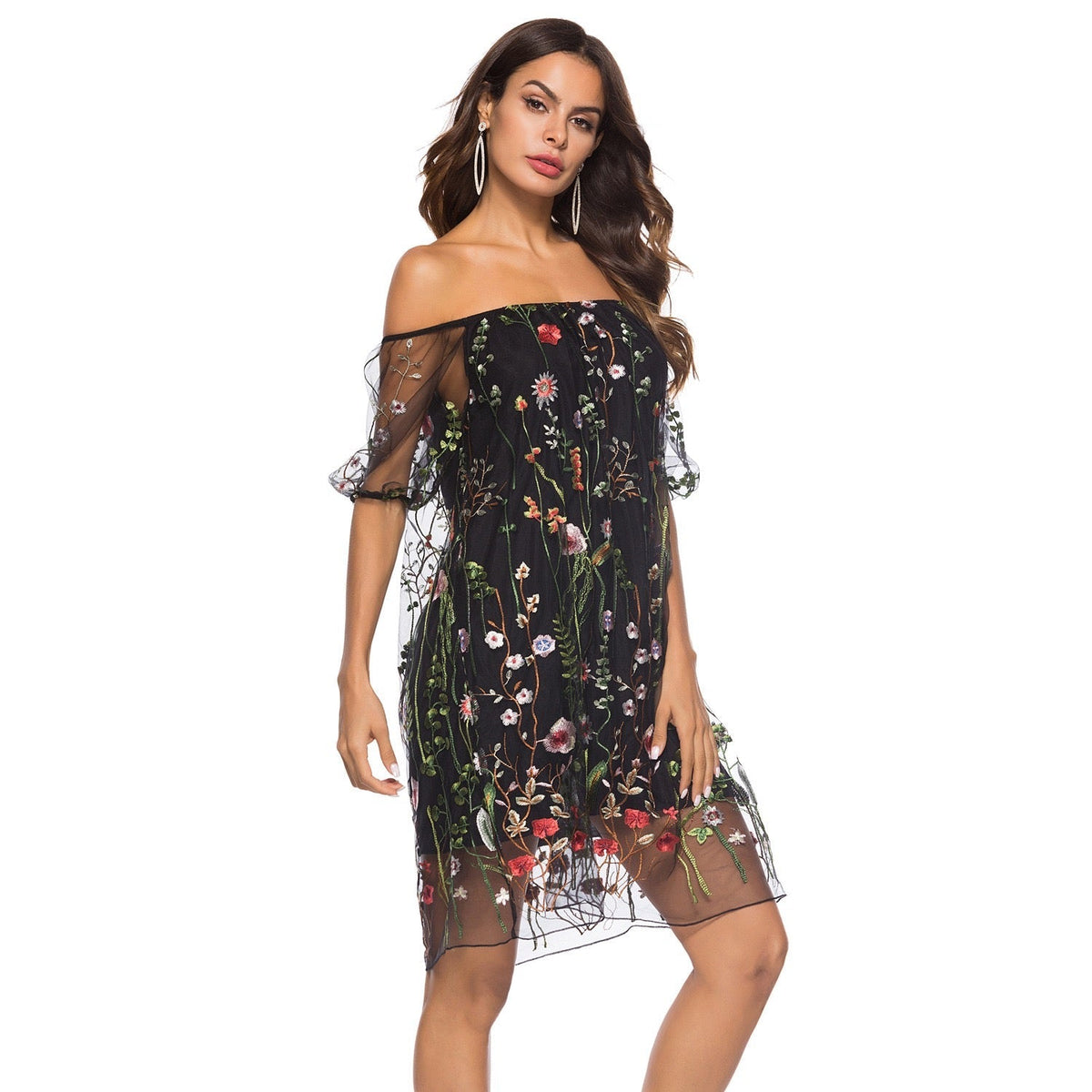 Off-the-shoulder Embroidered Mesh Overlay Dress Sai Feel