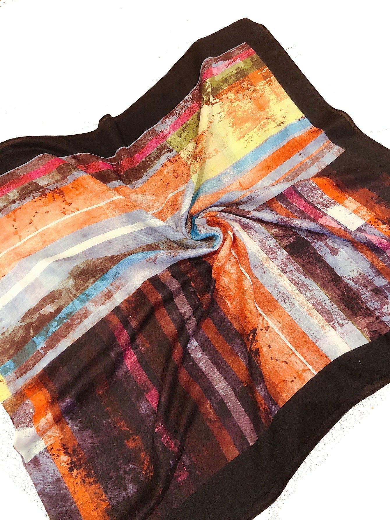 Oil painting geometric striped silky scarf Sai Feel