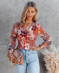 Olsen Printed Smocked Ruffle Crop Blouse Sai Feel