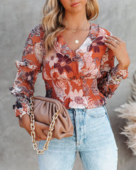 Olsen Printed Smocked Ruffle Crop Blouse Sai Feel