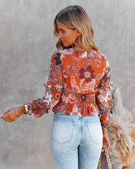 Olsen Printed Smocked Ruffle Crop Blouse Sai Feel