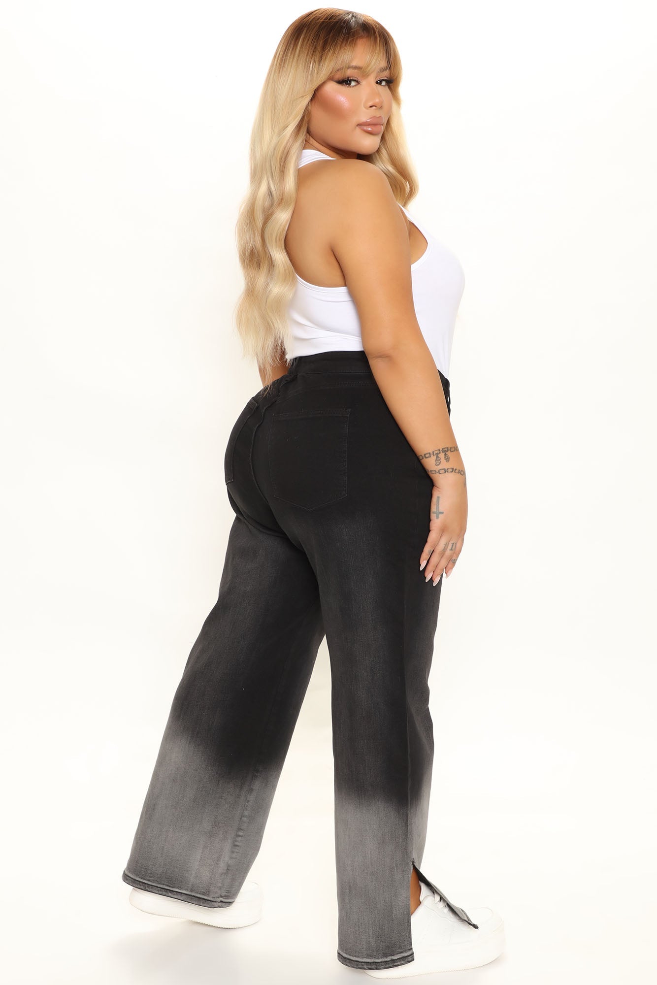 Ombre All Day Slit Hem Wide Leg Jeans - Black Sai Feel