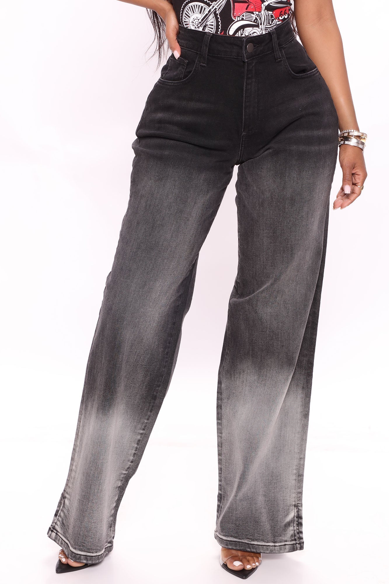 Ombre All Day Slit Hem Wide Leg Jeans - Black Sai Feel