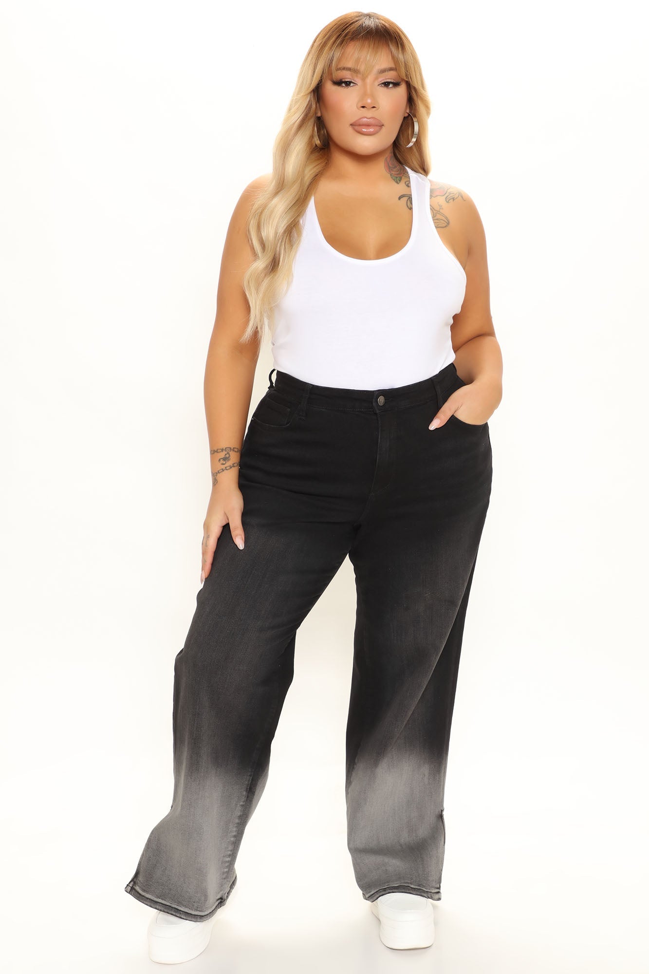 Ombre All Day Slit Hem Wide Leg Jeans - Black Sai Feel