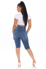 On A New Level Cargo Denim Shorts - Medium Blue Wash Sai Feel