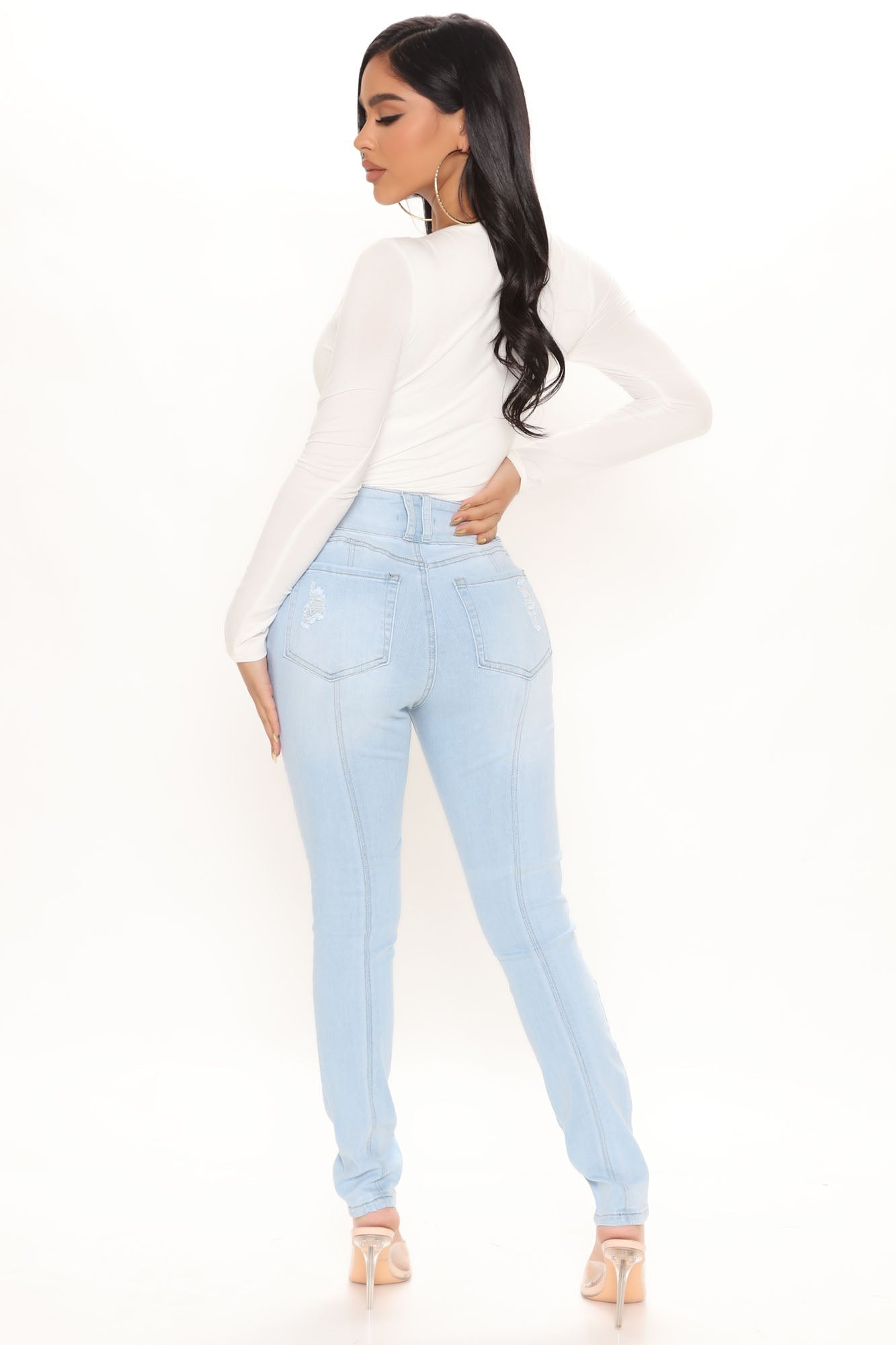 On Edge Ripped Skinny Jeans - Light Blue Wash Sai Feel