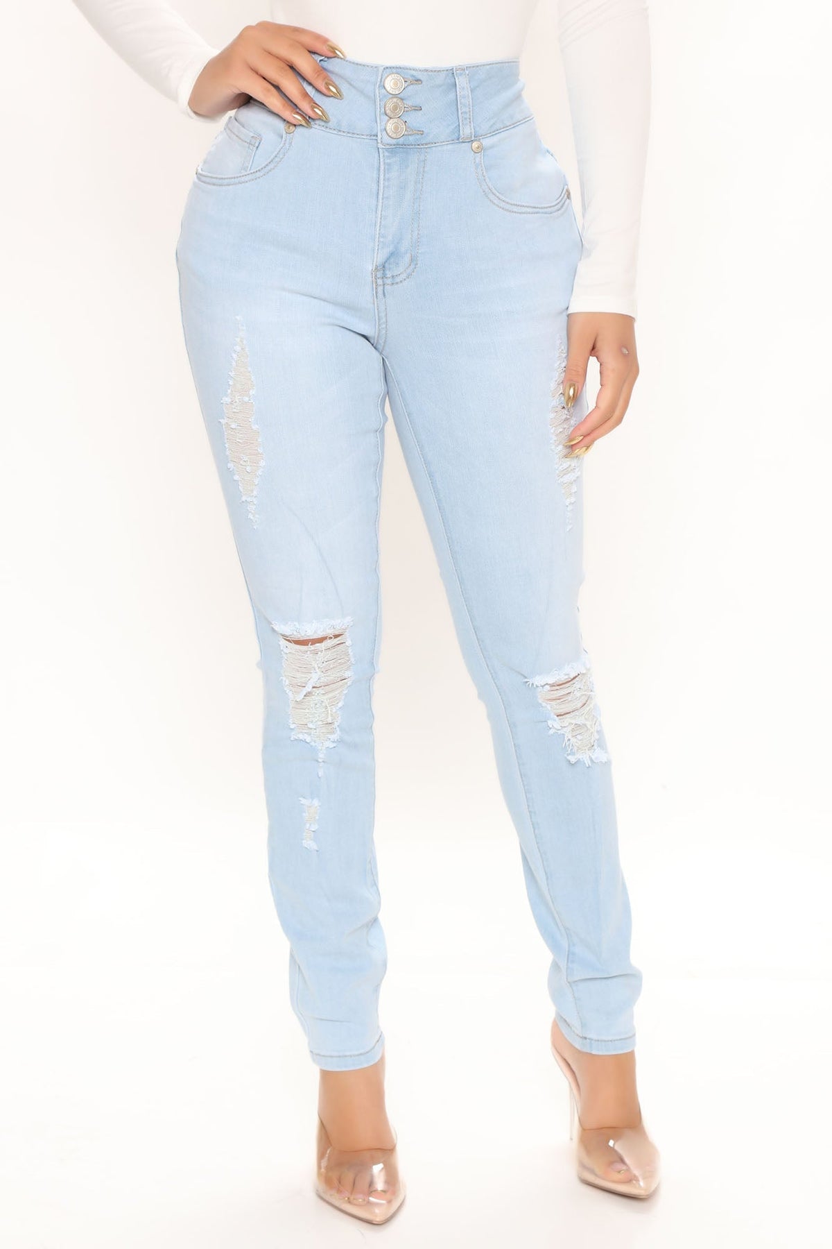 On Edge Ripped Skinny Jeans - Light Blue Wash Sai Feel