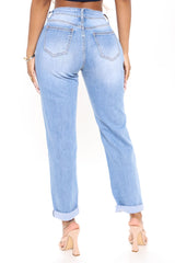 On My Own Ripped Girlfriend Jeans - Medium Blue Wash Sai Feel