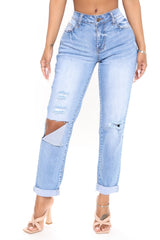 On My Own Ripped Girlfriend Jeans - Medium Blue Wash Sai Feel