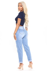 On My Own Ripped Girlfriend Jeans - Medium Blue Wash Sai Feel