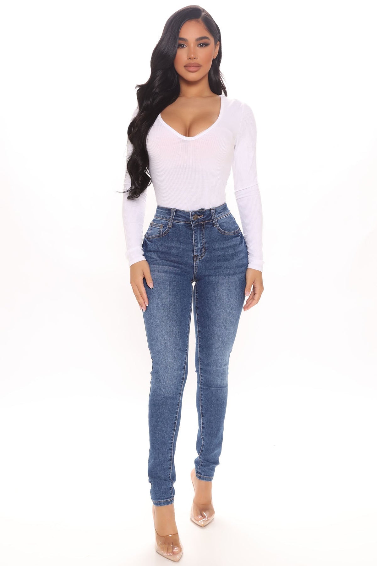 On Top Of The World Skinny Jeans - Medium Blue Wash Sai Feel