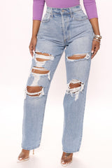 One More Time Ripped Baggy Jeans - Medium Blue Wash Sai Feel