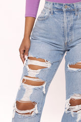 One More Time Ripped Baggy Jeans - Medium Blue Wash Sai Feel