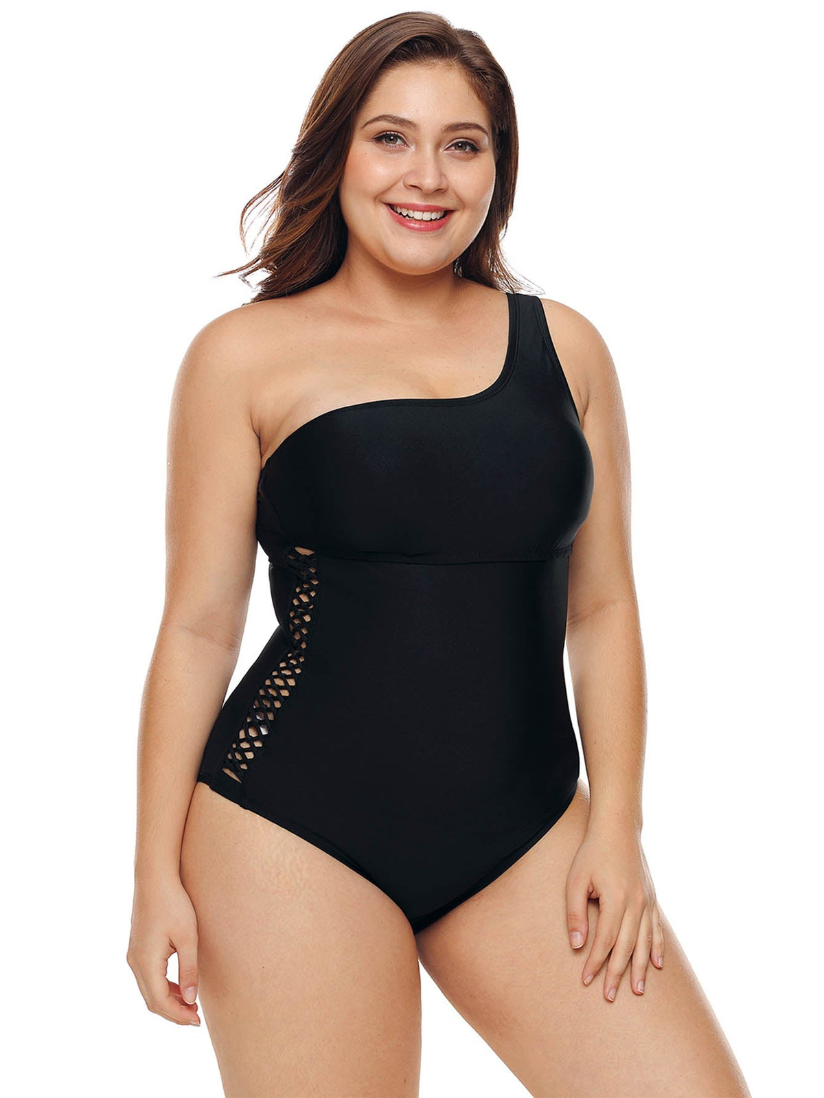 One Shoulder Grid Cutout Side Solid Color Summer Bathing Suit Swimsuit Sai Feel