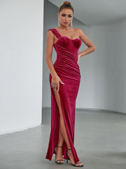 One Shoulder Ruched Side Split Thigh Velvet Prom Dress Sai Feel