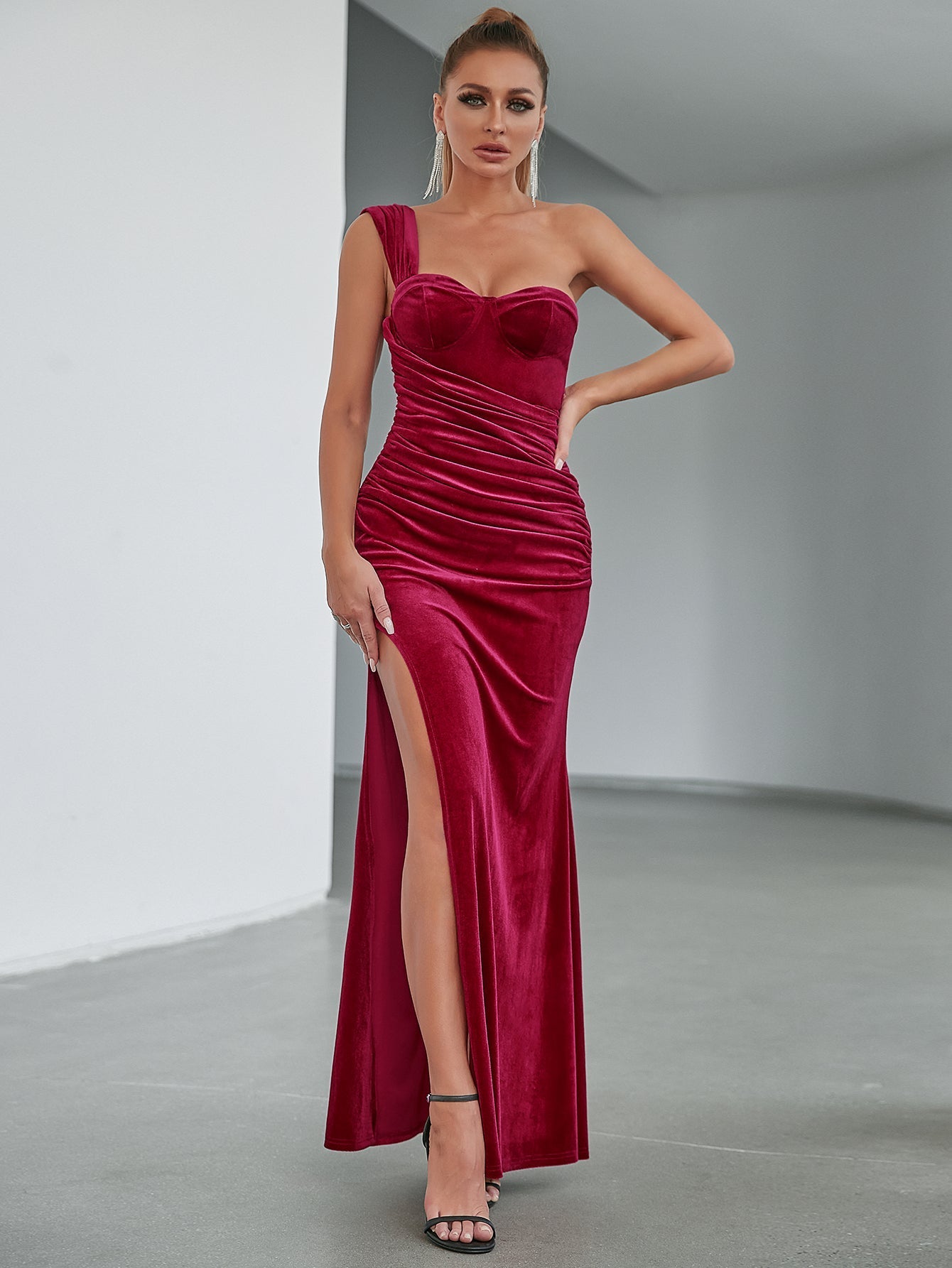 One Shoulder Ruched Side Split Thigh Velvet Prom Dress Sai Feel