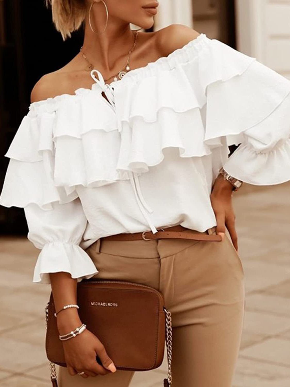 One-Shoulder Ruffle Short Sleeve Blouse Sai Feel